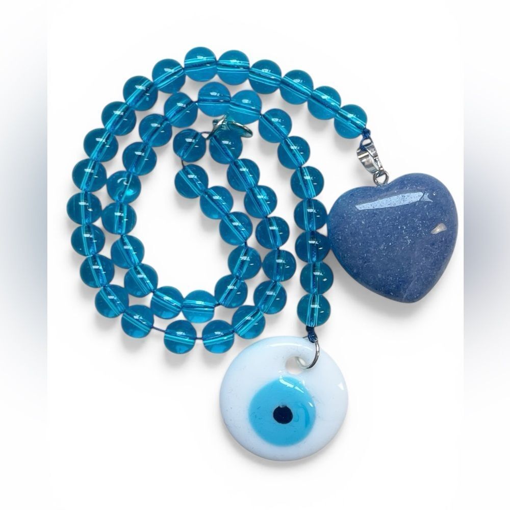Bag Charm Mayamar Blue Glass Bead with Heart & Evil Eye Purse Bag Charm - Picture 2 of 9
